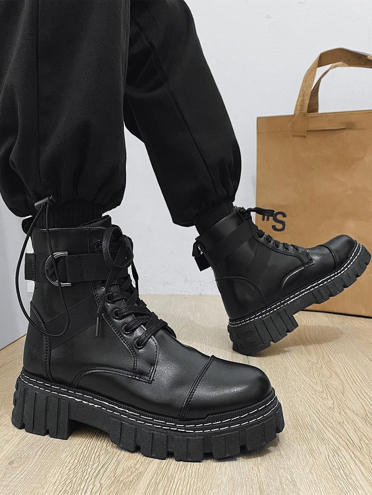 Black  Collar   Plain Combat Boots Embellished   Men Shoes Black And White Boots For Men, Techwear Boots Men, Types Of Boots For Women, Mens Black Combat Boots, Men's Boots Outfit, Shoes Style For Men, Emo Boots Men, Fancy Boots Men, Men’s Platform Boots