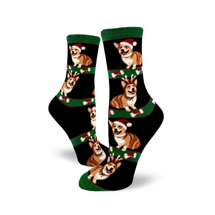 Corgi Christmas Socks by ModSocks are the perfect gift for that socks lover in your life. These christmas themed womens crew socks come in multiple color Options and fit U.S. shoe size: women's 6–10, men's 4–8. Made of 65% cotton, 24% nylon, 8% polyester, 3% spandex for comfort and durability. A pair of these cool Christmas novelty Socks will certainly give any wardrobe an instant upgrade. Machine wash in cold water inside out. Tumble dry low. Do not use fabric softeners Socks Ideas, Cute Corgi Puppy, Woolen Socks, Sock Lovers, Christmas Slippers, Corgi Christmas, Corgi Butts, Funky Socks, Reindeer Antlers