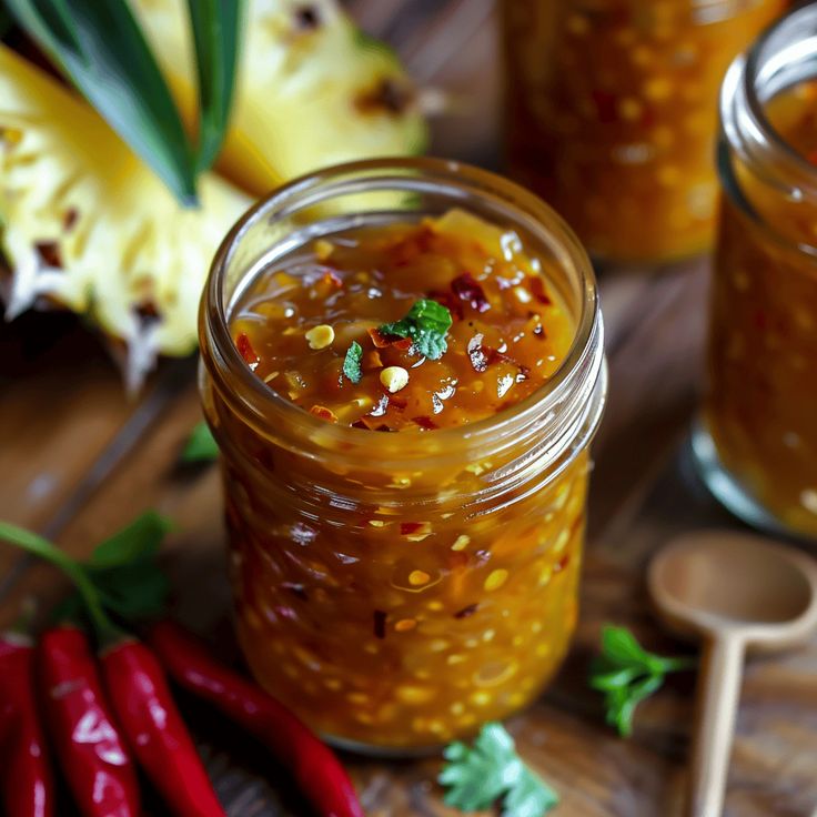 two jars filled with food sitting on top of a wooden table next to red peppers