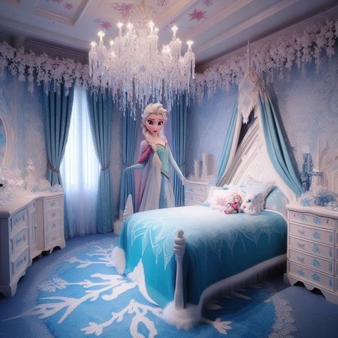 a frozen princess bedroom with chandelier, bed and dressers in blue tones