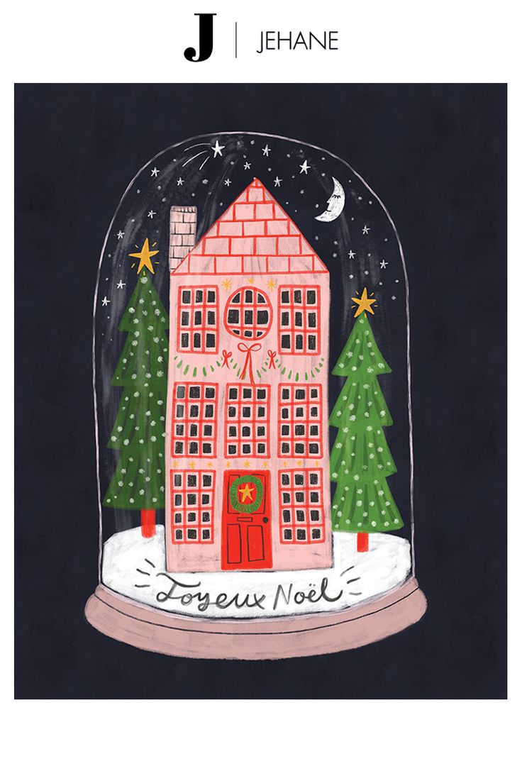 a drawing of a house under a snow globe