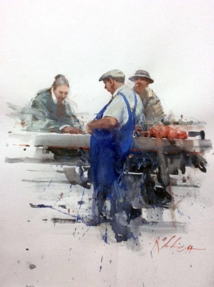 watercolor painting of three men working at a table