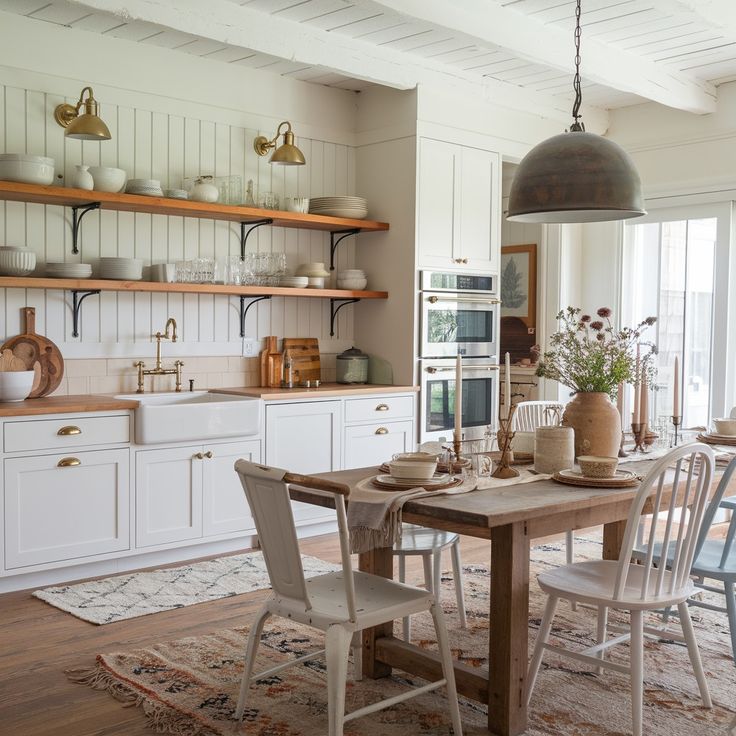 a kitchen with white cabinets and wooden table surrounded by chairs in front of an oven