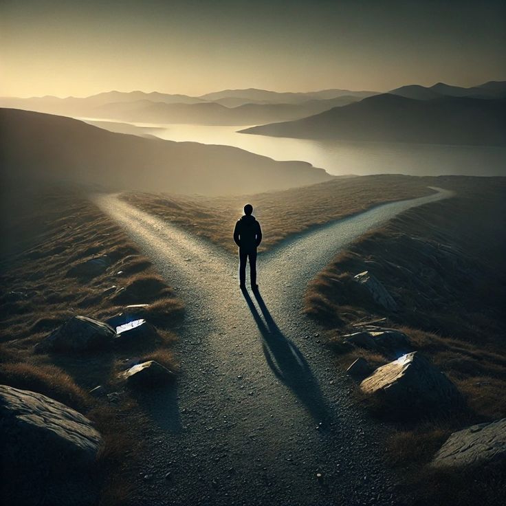 a person standing on a road in the middle of nowhere