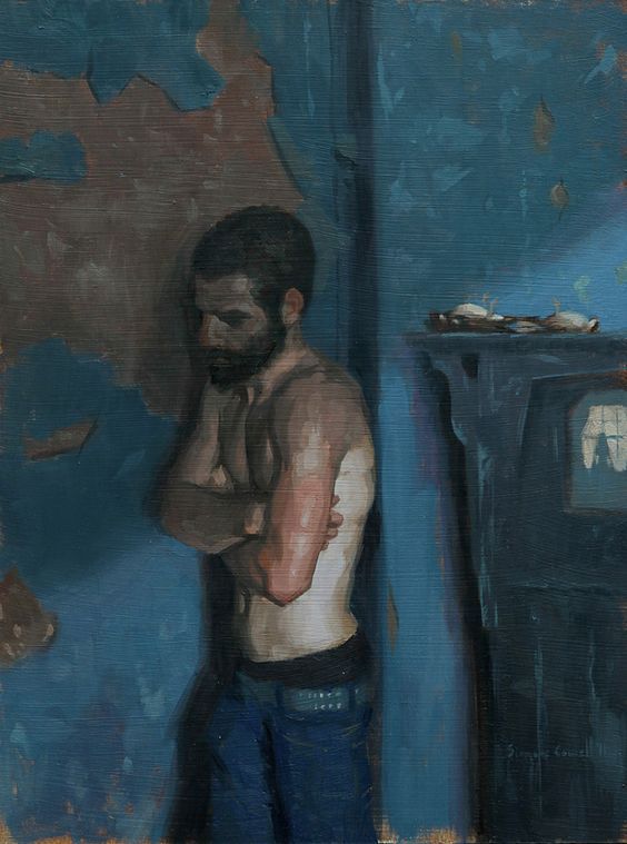 a painting of a man standing in front of a blue wall holding his shirt open