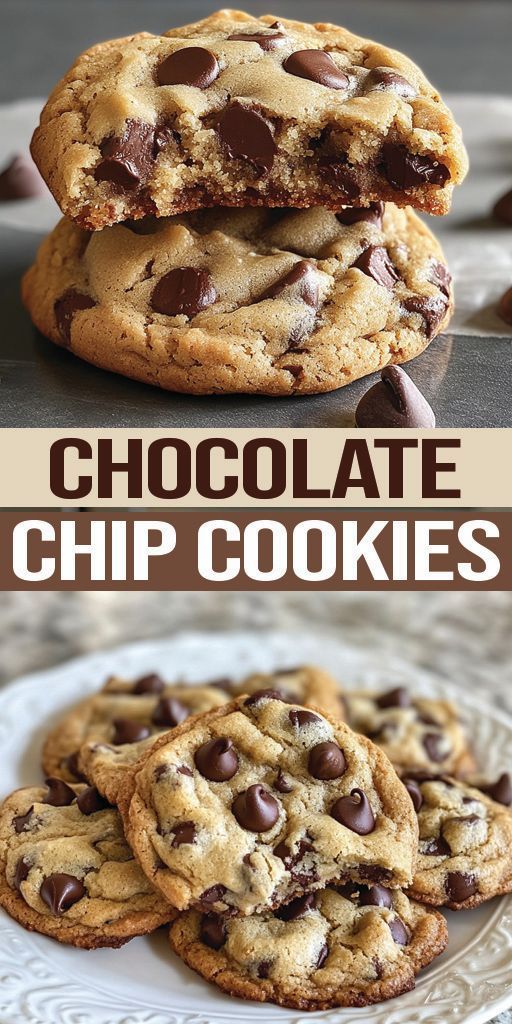 chocolate chip cookies stacked on top of each other in front of the camera with text overlay