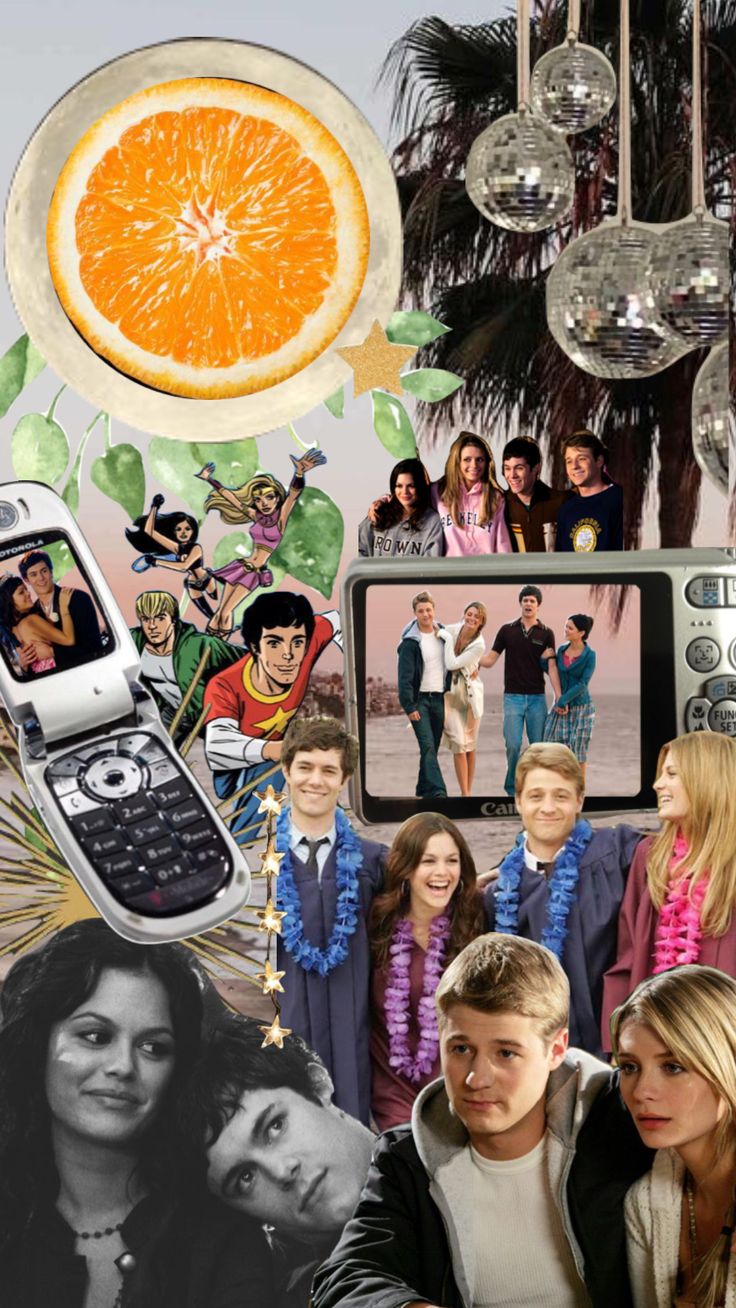 a collage of people, oranges and cell phones in front of a television