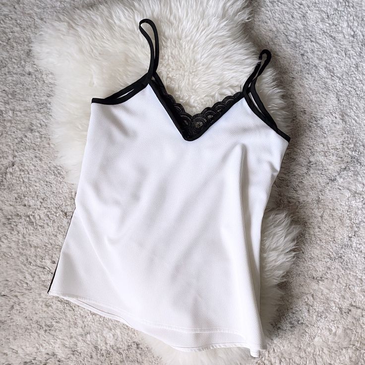 White + Black Lace Trim Cami. Never Worn. Black Hem Detail On Sides. Light Mark On Front (Assuming It Will Come Out When Washed) Brand: Collective Concepts Dream Wishlist, Lace Trim Cami, Black Lace Trim, White Cami, Tank Top Cami, Cami Tanks, White Tops, Black Lace, Lace Trim