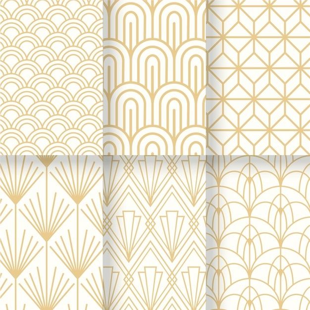 four gold and white art deco wallpapers, each with an abstract geometric design