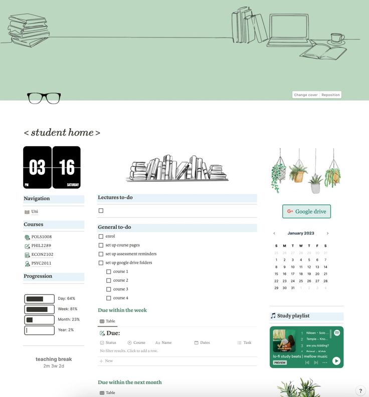 green notion template student to do dashboard Notion Phd Student, Notion Template Ideas Student, Notion Academic Dashboard, Notion Dashboard Ideas For Students, Notion University Dashboard, Notion College Dashboard, Multimedia Student Aesthetic, Notion Page Ideas For Students, Notion Inspiration Student