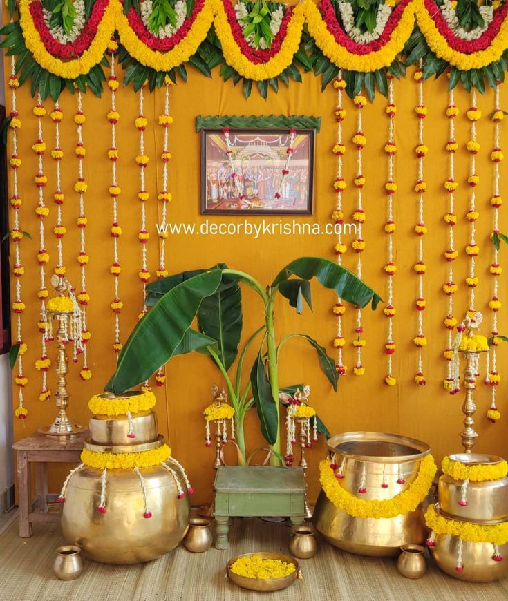 Trending home based event Decorations! Southindian #Haldi  by @decorbykrishna  Follow www.decorsutrablog.com for ideas about Indian Wedding decor  Tag your original pictures with @decorsutra to get featured  #hinduwedding #wedmegood #weddingsutra #shaadisaga #shaadimagic #indianweddingblog #indianwedding #designerblouse #teluguwedding #weddingdecor #weddingbrigade #gorgeousbride #bridesessentials #southindianwedding #southindianweddingdecor #indiandecor #engagementdecoration #haldidecor #mehendi College Event Decoration Ideas Creative, Event Decoration Ideas Creative, Event Decoration Ideas, Haldi Theme, Haldi Decor Ideas, Decoration Haldi, Puja Decoration, Leaf Decor Wedding, Haldi Ceremony Decorations