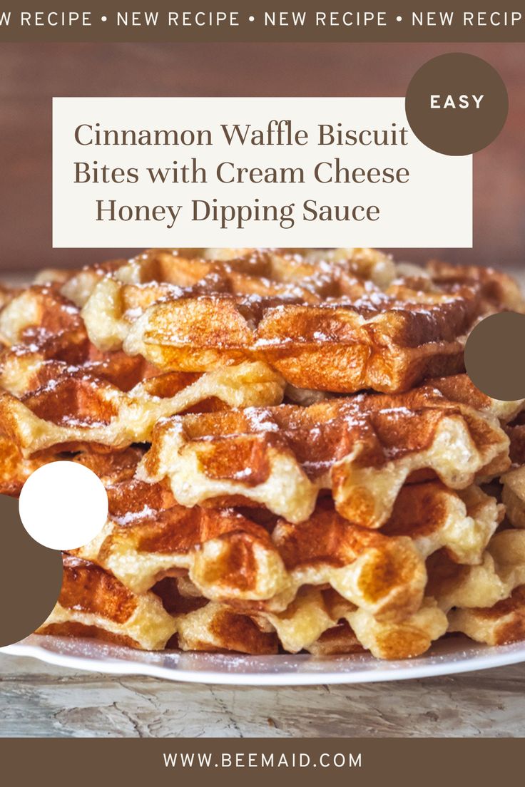 cinnamon waffle biscuit bites with cream cheese and honey dipping sauce on top