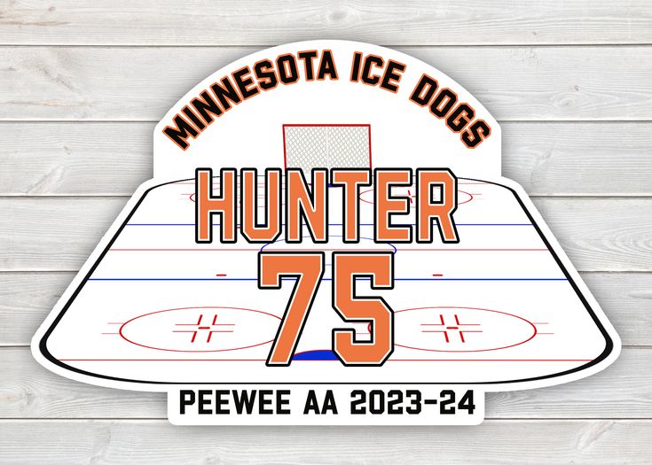 the minnesota ice dogs sticker is shown on a wooden background with text hunter 75