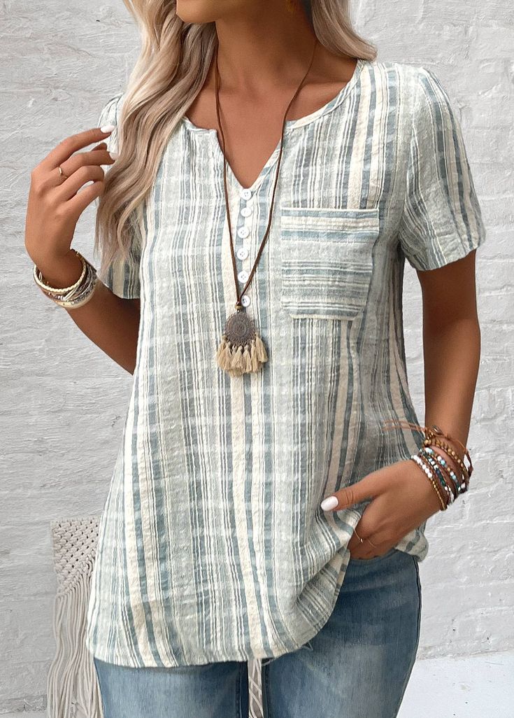 Casual Split Neck Blouse With Button Closure, Casual Blouse With Buttons And Split Neck, Striped V-neck Top With Buttons, Striped V-neck Tops With Button Closure, Casual Split Neck Top With Buttons, Button Embellishments, Casual Stripes, Striped Blouse, Short Sleeve Blouse