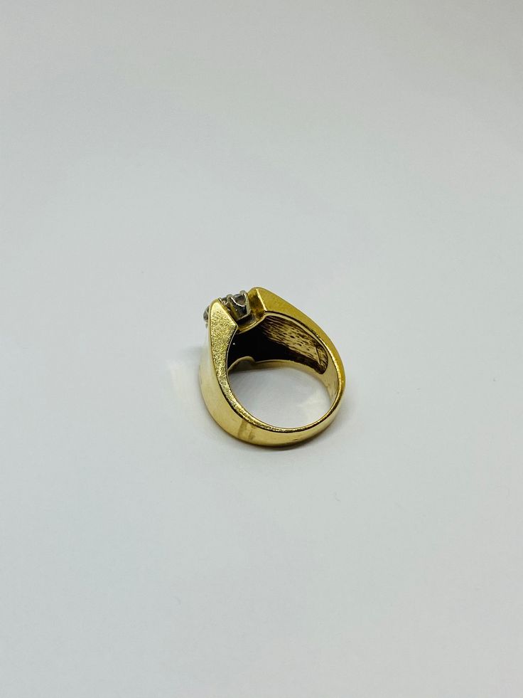 "This is a 14K yellow gold and diamond statement ring. Material(s): 14K yellow gold + (5) diamonds 0.05 of a carat each (This ring is 0.25, or 1/4, of a carat total weight) Total weight: 8.2 grams Flaws (if any): None to mention Marking(s): \"585\" (translating to \"14K\") Size: This ring is a band size 7 U.S. Measurements: The face of this statement ring measures 7.5 millimeters. If you have any questions about this ring, please do not hesitate to contact us! ♥" Antique Yellow Gold Diamond Ring With Vvs Clarity, Vintage Yellow Gold Diamond Ring For Formal Occasions, Gold Diamond Cluster Ring Stamped 14k, Classic Gold Cluster Ring Stamped 14k, Vintage Diamond Signet Ring For Formal Occasions, Vintage Signet Ring With Diamond Accents For Formal Occasions, Vintage Signet Ring With Diamond Accents For Formal Events, Vintage Formal Signet Ring With Diamond Accents, Gold Emerald Cut Diamond Ring With Single Cut Diamonds