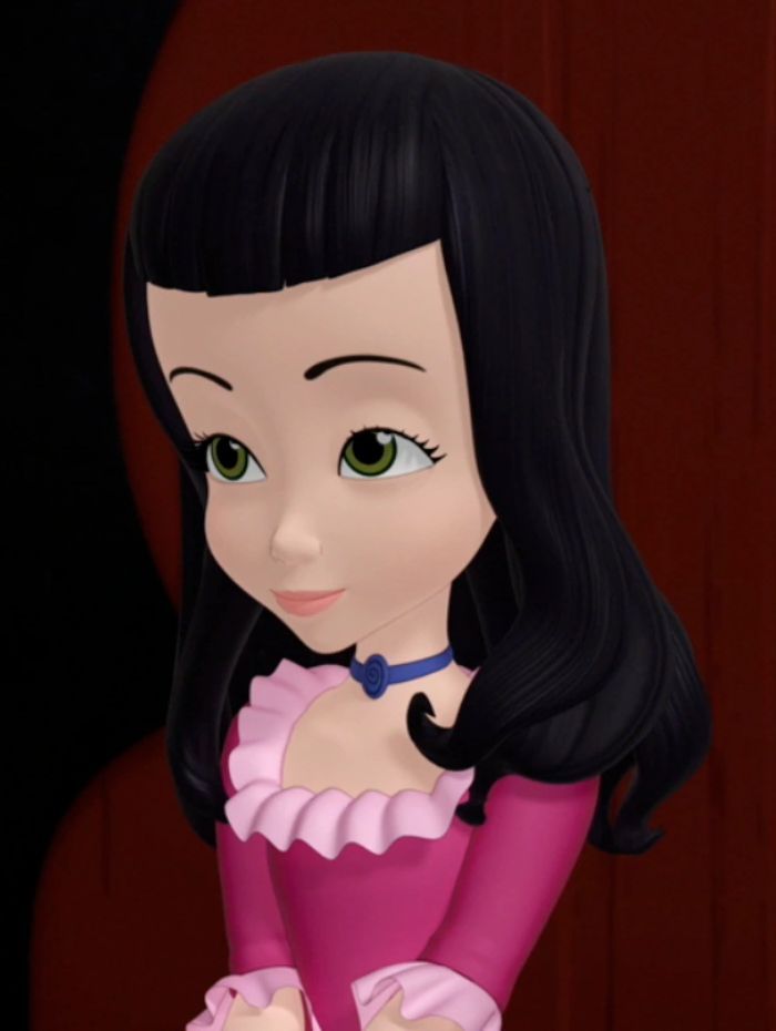 a cartoon girl with long black hair wearing a pink dress and holding her hands on her chest