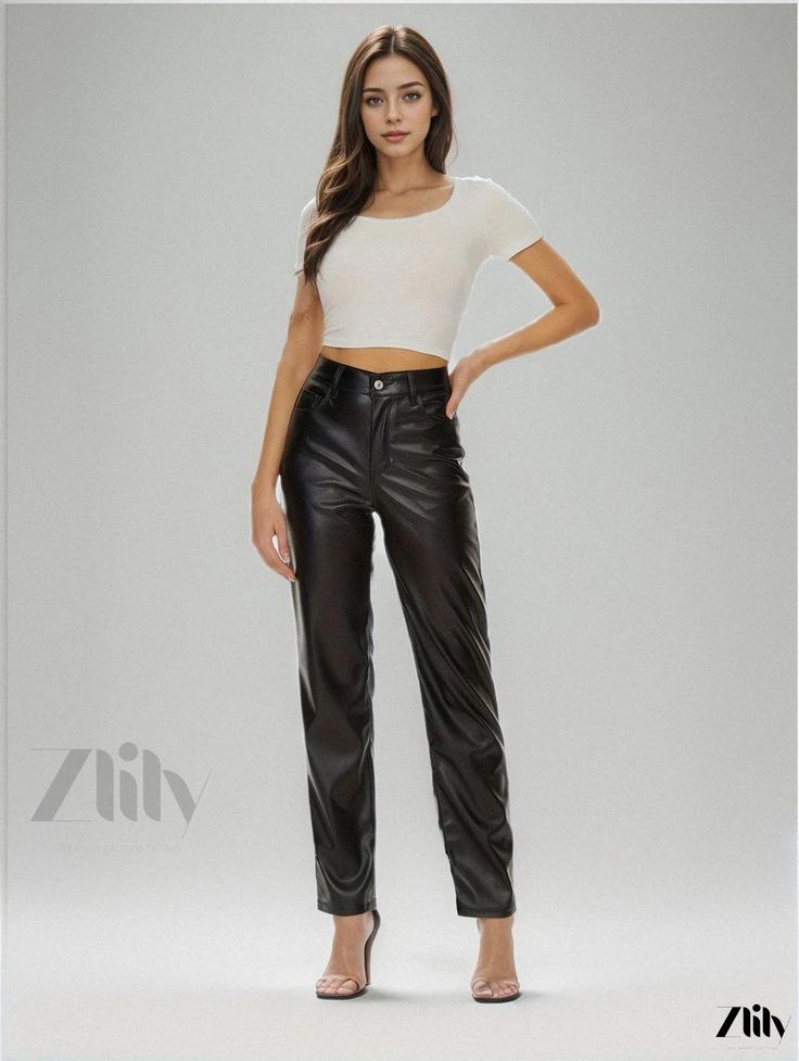 Zlily - Premium PU Leather High-Waisted Pants: Elegant and Comfortable All-Season Womens Clothing Casual Wide-leg Non-stretch Leather Pants, Casual Non-stretch High Waist Leather Pants, Casual Stretch Wide Leg Leather Pants, Casual Non-stretch Straight Leather Pants, Non-stretch High-waisted Leather Pants Casual, Non-stretch High-waisted Leather Casual Pants, Casual Non-stretch High-waisted Leather Pants, Casual Stretch Leather Straight Pants, Casual Straight Leather Pants