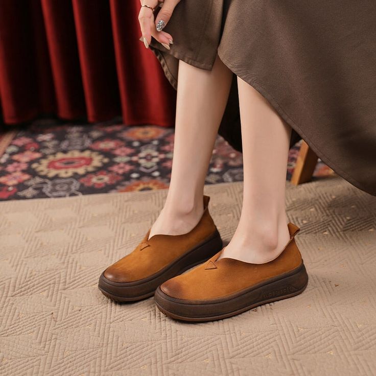 These loafers are designed in a timeless, minimal silhouette, so you'll be sure to wear them often. Made from soft leather, soft bottom that ensure all-day comfort. Wear yours with tailoring and denim alike. Color: Red/BrownMaterial: Top layer leatherLining: No, Just cow leather the other sideInsole: Genuine leatherSole: RubberHeels: 3.5 cm/1.38"Weight: 0.36kg Each Shoes (measured size 8.5) Fit: Medium to Wide, Runs Normal.Origin: Made in China Production Time: About 3-5 days (Any exceptional ca Fall Suede Slip-on Platform Loafers, Brown Platform Loafers With Textured Sole For Work, Casual Brown Slip-ons With Contrast Sole, Brown Moccasins With Stitched Sole, Brown Closed Toe Loafers With Stitched Sole, Brown Stitched Sole Closed Toe Loafers, Brown Loafers With Stitched Sole, Brown Almond Toe Platform Loafers With Leather Sole, Brown Slip-on Moccasins With Round Toe