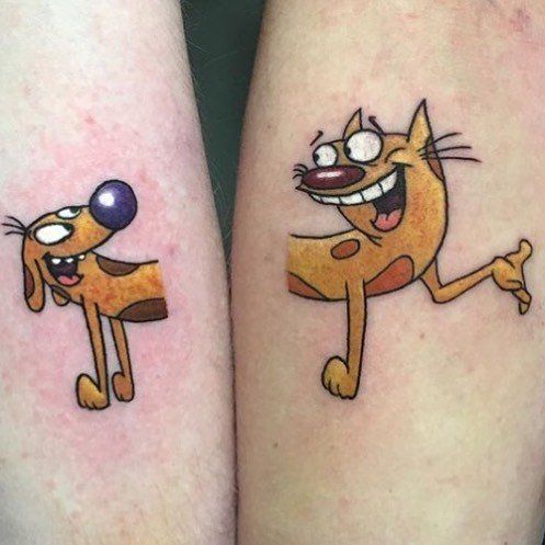 two cartoon tattoos on the legs of people with cat and dog characters painted on them