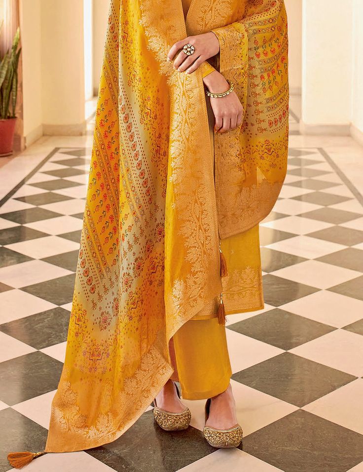 Mustard Designer Embroidered Jacquard Party Wear Pant Suit-Saira's Boutique