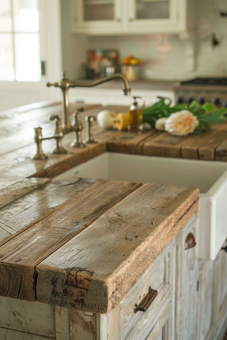 a kitchen counter made out of wooden planks with white cabinets and an island in the middle