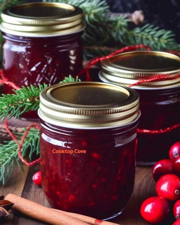 three jars filled with cranberry sauce sitting on top of a table next to christmas decorations