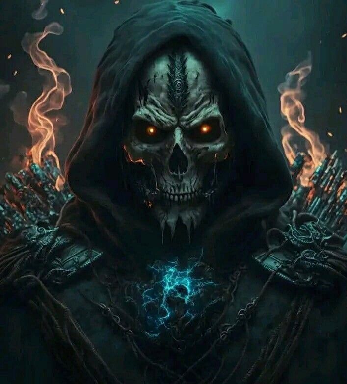 a skull wearing a hooded jacket and holding two hands with flames coming out of it