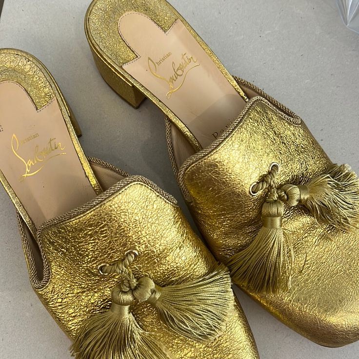 Gently Worn Gold Mules Shoes Louboutin, Gold Mules, Vintage Clothes, Louboutin Shoes, Mule Clogs, Christian Louboutin Shoes, Mules Shoes, Clogs, Christian Louboutin