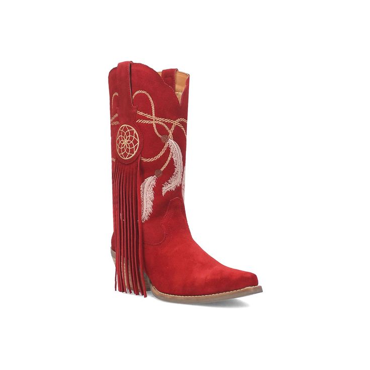 Step up your style game with these women's Dingo Day Dream leather western boots. Click this FOOTWEAR GUIDE to find the perfect fit and more! Step up your style game with these women's Dingo Day Dream leather western boots. Click this FOOTWEAR GUIDE to find the perfect fit and more! FEATURES Dream catcher design with fringe details Cushion comfort insole Pull-on for easy on and offDETAILS Leather upper, lining and midsole Rubber outsole Almond toe Pull-on 2-in. heel 16-in. shaft 15-in. circumfer Western Suede Mid-calf Boots For Rodeo, Winter Mid-calf Boots For Ranch, Western Boots For Rodeo In Winter, Western Style Boots For Rodeo In Winter, Western Style Winter Boots For Rodeo, Winter Rodeo Heeled Boots, Red Western Heeled Boots With Snip Toe, Red Round Toe Heeled Boots For Rodeo, Red Heeled Boots For Rodeo In Fall