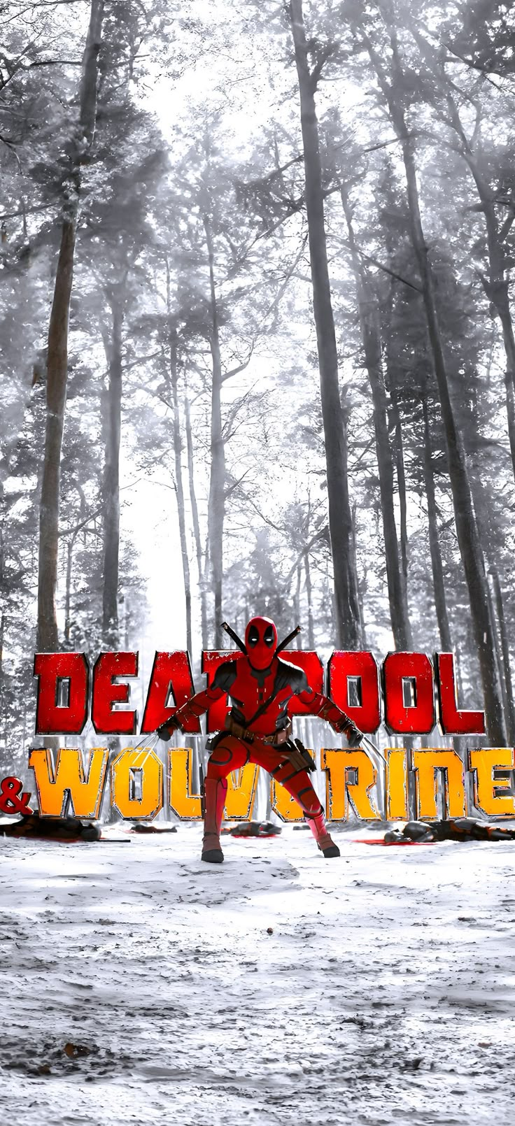 a man standing in front of a deadpool sign on top of snow covered ground