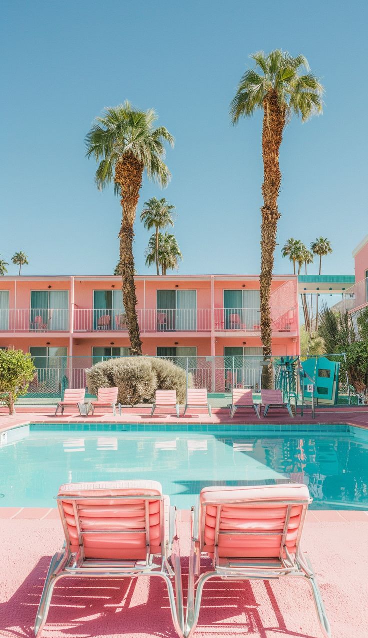 two lawn chairs sitting in front of a swimming pool with palm trees and pink buildings