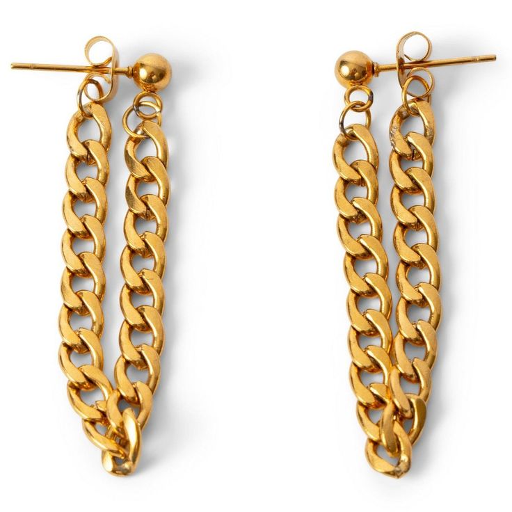 Add some dazzle to your outfit with these earrings! These curb chain earrings are 14k gold plated, giving them a flashy yet classy look. Perfect for adding a touch of elegance to any outfit. Elegant Gold Earrings With Double Chain, Gold-tone Chain Earrings Gold Plated, Gold-tone Drop Earrings With Adjustable Chain, Gold-tone Chain Detail Gold Plated Earrings, Gold Chain Link Earrings Tarnish Resistant, Trendy Gold Chain Earrings, Gold-tone Drop Earrings With Gold Chain, Gold Linear Chain Drop Earrings, Horn Of Africa