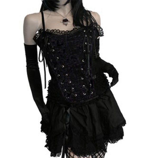 Tabatha Gothic Corset Satin Panel (B) Edgy Overbust Corset For Costume Party, Black Punk Corset Belt With Corset Back, Black Punk Corset With Straps, Black Punk Style Corset Belt With Corset Back, Black Punk Style Corset With Straps, Black Gothic Corset With Straps, Edgy Underbust Corset For Costume Party, Black Underbust Corset Belt With Straps, Gothic Strapless Corset For Halloween