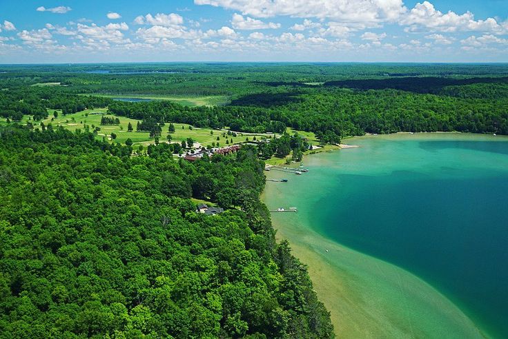 an aerial view of a lake surrounded by green trees and blue sky with clouds in the background