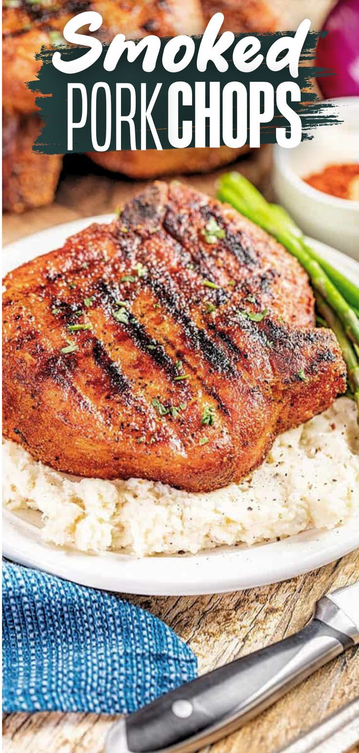 A smoked pork chop sitting atop a plate of mashed potatoes with grilled asparagus on the side. Smoker Grill Recipes, Smoker Recipes Electric, Smoked Pork Chops, Foil Packet Meals, Grilled Pork Chops, Health Dinner, Smoker Recipes, Smoked Pork, Health Dinner Recipes