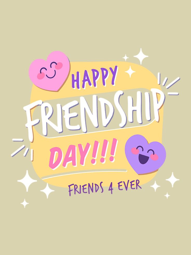 happy friends day card with hearts and stars on the side, in pink and yellow