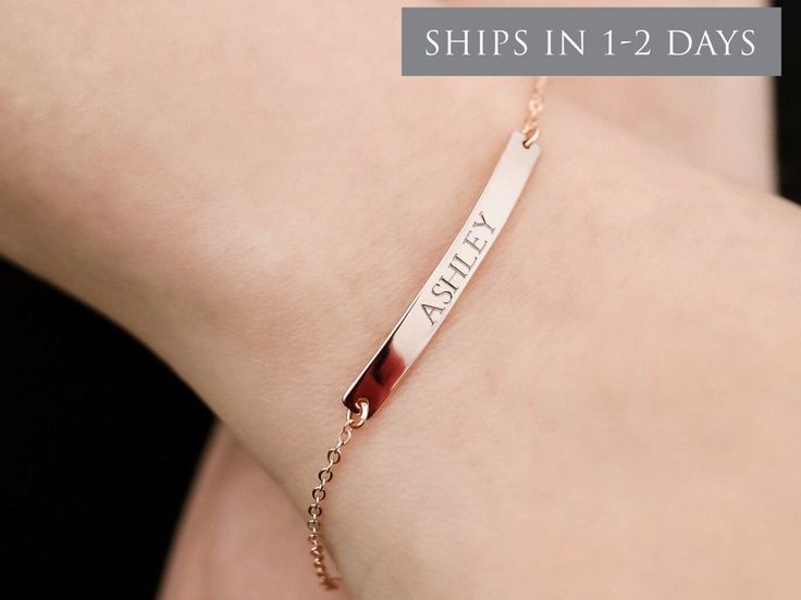 BAR NAME BRACELET This beautiful name bar bracelet is perfect for everyday wear and it would make a great gift for a Mom, bridesmaid, friend, or any loved one. DESCRIPTION * Material: High quality solid 925 sterling silver * Dimensions: 35x4mm bar * Finish: Sterling Silver ∙ 18K Gold vermeil ∙ Rose Gold vermeil * All our jewelry is custom and handmade with love in our studio * Engraved with a high precision jewelry engraver imported from France, extremely clear and easy to read * Handmade to ord Minimalist Rose Gold Bracelet With Custom Name, Minimalist Name Bracelet For Bridesmaid Gift, Minimalist Rose Gold Name Bracelet For Personalized Gift, Minimalist Silver Name Bracelet For Bridesmaids, Minimalist Name Bracelet For Everyday, Minimalist Custom Name Bracelet, Personalized Minimalist Name Bracelet For Bridesmaid, Minimalist Bracelets For Personalized Gift, Minimalist Personalized Name Bracelet For Bridesmaid