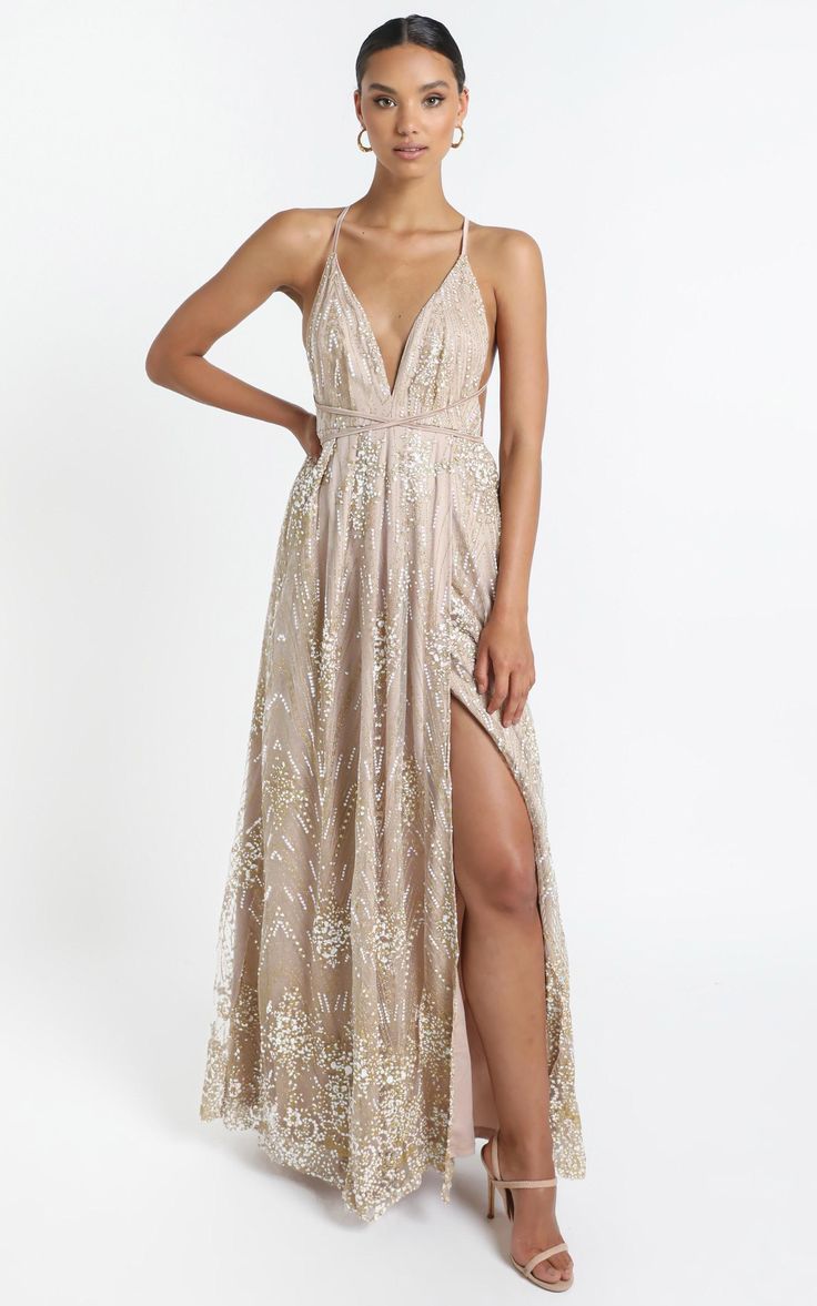 New York Nights Maxi Dress In Gold | Showpo Rose Gold Wedding Dress, Cross Back Dress, Lover Dress, Gorgeous Maxi Dresses, New York Night, Backless Maxi Dress, Wedding Dresses With Flowers, Grad Dresses, Maxi Dress Online