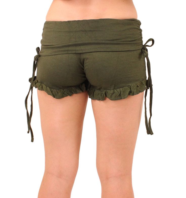 "These shorts are made of stretchy cotton-Lycra, with a waistband that has drawstrings on either side so you can ruch them up how you like. Great for activities, lounging, summer fun, or layered over your favorite Mishu leggings year-round! *Waist measurement taken should be where these will sit on your hips* S: 22-34\" waist, 4.5\" inseam M: 24-38\" waist, 4.5\" inseam L: 26-40\" waist, 4.5\" inseam XL: 28-42\" waist, 4.5\" inseam Cold Water Wash, Hang Dry" Pixie Clothing, Pixie Outfit, Festival Clothing, Under Dress, Green Shorts, Yoga Wear, Festival Outfits, Diy Clothes, Short Outfits