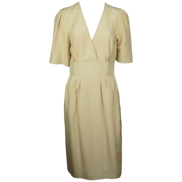 Chloe Beige Silk Dress - 38 Cream Silk Midi Dress For Evening, Cream Silk Evening Midi Dress, Beige Silk V-neck Dress, Elegant Silk Midi Dress With Pleated Sleeves, Knee-length Beige Midi Dress For Formal Occasions, Fitted Silk Crepe Dress For Formal Occasions, Formal Cream Fitted Silk Dress, Formal Fitted Silk Crepe Dress, Knee-length Silk Midi Dress With Pleated Sleeves