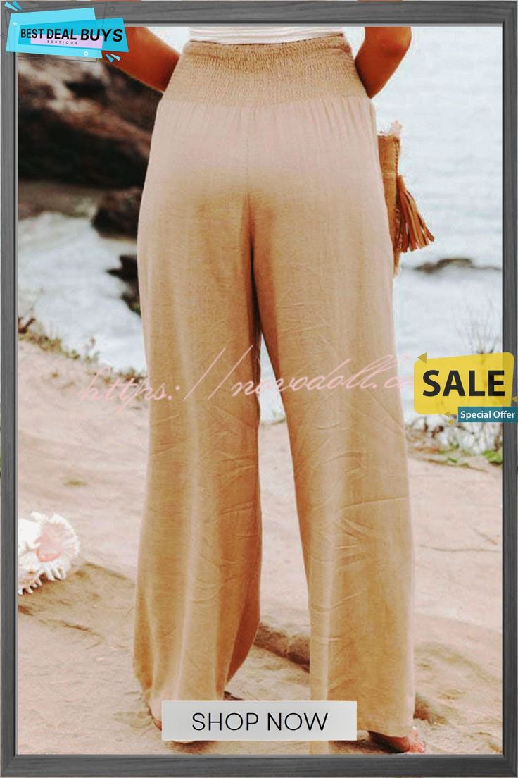 Fresh Air Pocketed Smocked Pants Brown Summer Bottoms With Elastic Waistband, Summer Brown Bottoms With Elastic Waistband, Non-stretch Brown Pants For Beach, Vacation Wide Leg Pants With Pull-on Style, Solid Wide Leg Pants With Pull-on Style For Vacation, Bohemian Solid Wide Leg Pants For Beach, Neutral Color Bohemian Wide Leg Pants For Beach, Solid Color Ankle-length Wide Leg Beach Pants, Solid Bohemian Beach Bottoms