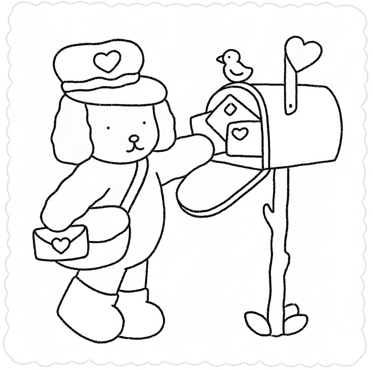 a coloring page with a boy and girl at the mailbox