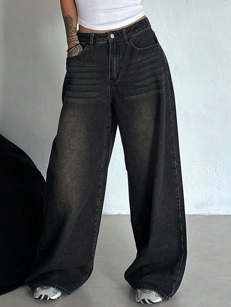 Autumn New Korean Fashion Washed Distressed Wide Leg Women Baggy Jeans Black Casual   Denim Plain Straight Leg Non-Stretch  Women Clothing, size features are:Bust: ,Length: ,Sleeve Length: Black Jeans Oversize, Black Oversized Jeans, Dark Baggy Jeans, Baggy High Waisted Jeans, Black Jeans Baggy, Jeans For Big Thighs, Red Combat Boots, Baggy Jeans Black, Baggy Jeans Women