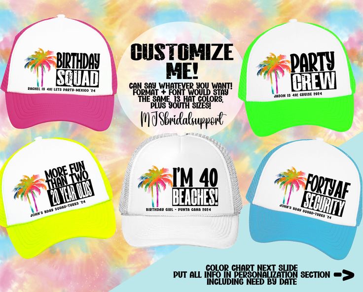 Please read below on ordering instructions: >>HOW TO ORDER: 1. Select number of hats.  2. Put colors & text you want on hats in the personalization section. If text is personalized, it will follow the same layout and fonts as the main photo. 3. Add all to cart! >>PROOFS: STRICT POLICY- sorry no proofs, the order will look like the main first photo just with your information. >>SHIPPING: FREE SHIPPING ON 35$ OR MORE DISCOUNT AUTOMATICALLY APPLIED AT CHECKOUT NO COUPON CODE NEEDED Please Read- Shipping Information: USPS has had budget cuts and are short staffed. Please note the estimated date you see when purchasing is not guaranteed and can be delayed by USPS. I do everything I can to get my orders out EARLY, but lately they have been stuck in transit for longer than expected. If needed by Fun Summer Birthday Hat, Customizable Summer Birthday Hats, Customizable Summer Hats For Birthday, Customizable Summer Hats For Birthdays, Birthday Hat, Text You, 40th Birthday, Text Color, First Photo