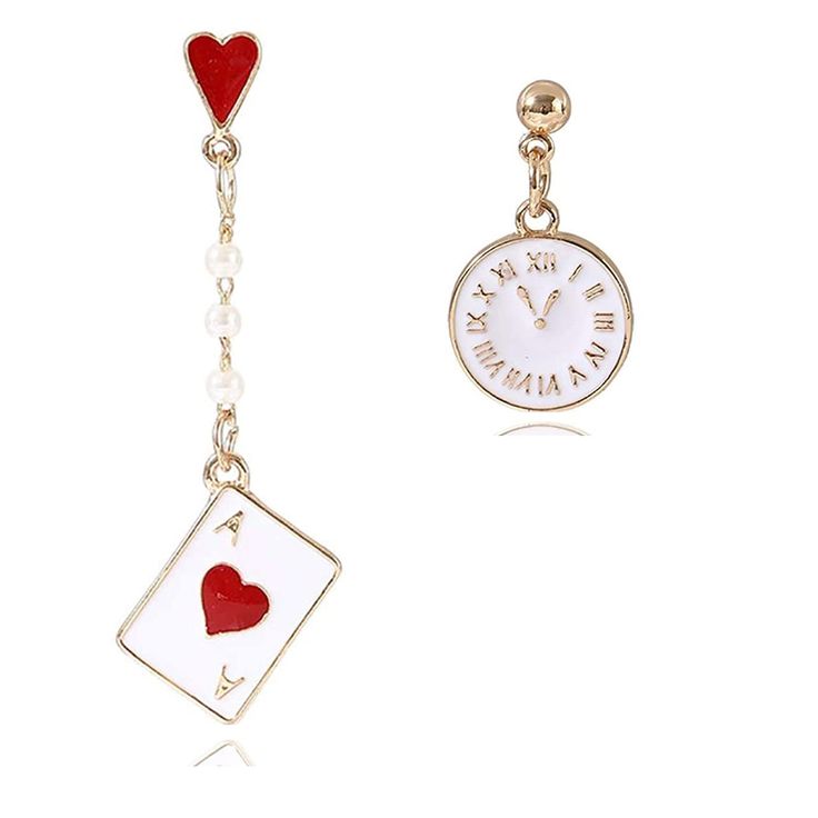 PRICES MAY VARY. Queen of Heart Earrings-These red heart poker earrings are made of alloy,white pearl and enamel red heart. Design--It is based on the pocket watch of Mr. rabbit and the card of Queen of hearts in Alice's Adventures in Wonderland. Asymmetric Clock Poker Earrings--One side of these earrings is clock earrings and another side is poker earrings. GREAT GIFT--These queen of heart jewelry will be a special gifts for womens,teens,girls,mother,daughter,friends,BFF,couples,sister or famil Clock Earrings, Heart Costume, Queen Of Hearts Costume, Asymmetrical Earrings, Heart Dangle Earrings, Earrings Red, Enamel Earrings, Pearl Earrings Dangle, Birthday Gifts For Girls