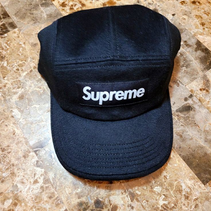 Supreme Wool Camp Cap Fw20h37 Black Brand New Black Flat Cap For Winter, Adjustable Black Baseball Cap For Winter, Black Hat With Embroidered Logo And Curved Brim, Winter Streetwear Flat Cap, Black Adjustable Hat With Logo Patch, Black Snapback Hat For Winter, Black Flat Bill Hat For Streetwear, Winter Black Baseball Cap With Curved Brim, Black Winter Snapback Hat With Flat Bill