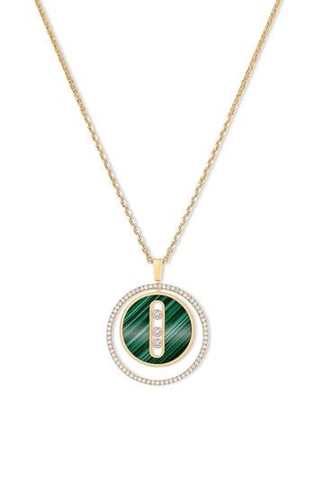 A floating pendant of vibrant green malachite complements radiant diamonds in this 18-karat gold chain necklace. 26 1/2" length; 1"W x 1 1/4"L pendant Total diamond weight: 0.30ct. Color: G Clarity: VS 18k gold/diamond/malachite Made in France Diamond Guide Luxury Green Malachite Necklace, Green Fine Jewelry Necklace With Polished Finish, Green Necklace With Detachable Round Pendant, Luxury Green Jewelry With Adjustable Chain, Green Luxury Jewelry With Adjustable Chain, Luxury Green Pendant Necklace, Elegant Malachite Round Pendant Necklace, Elegant Yellow Gold Malachite Necklace, Luxury Round Malachite Jewelry