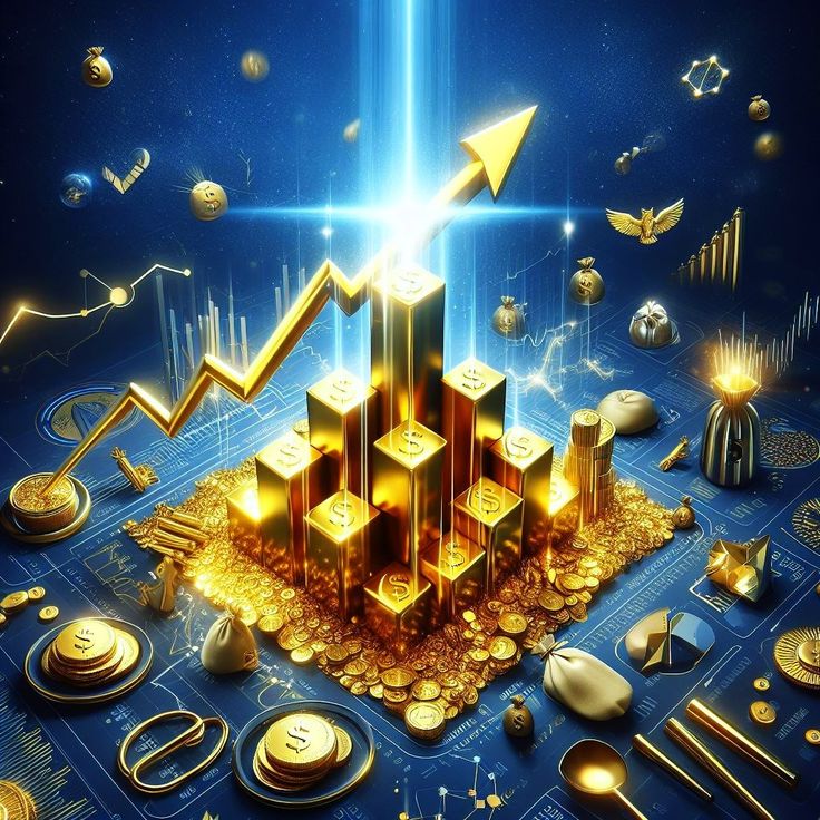 an image of gold bars and coins on a blue background with arrows pointing up into the sky