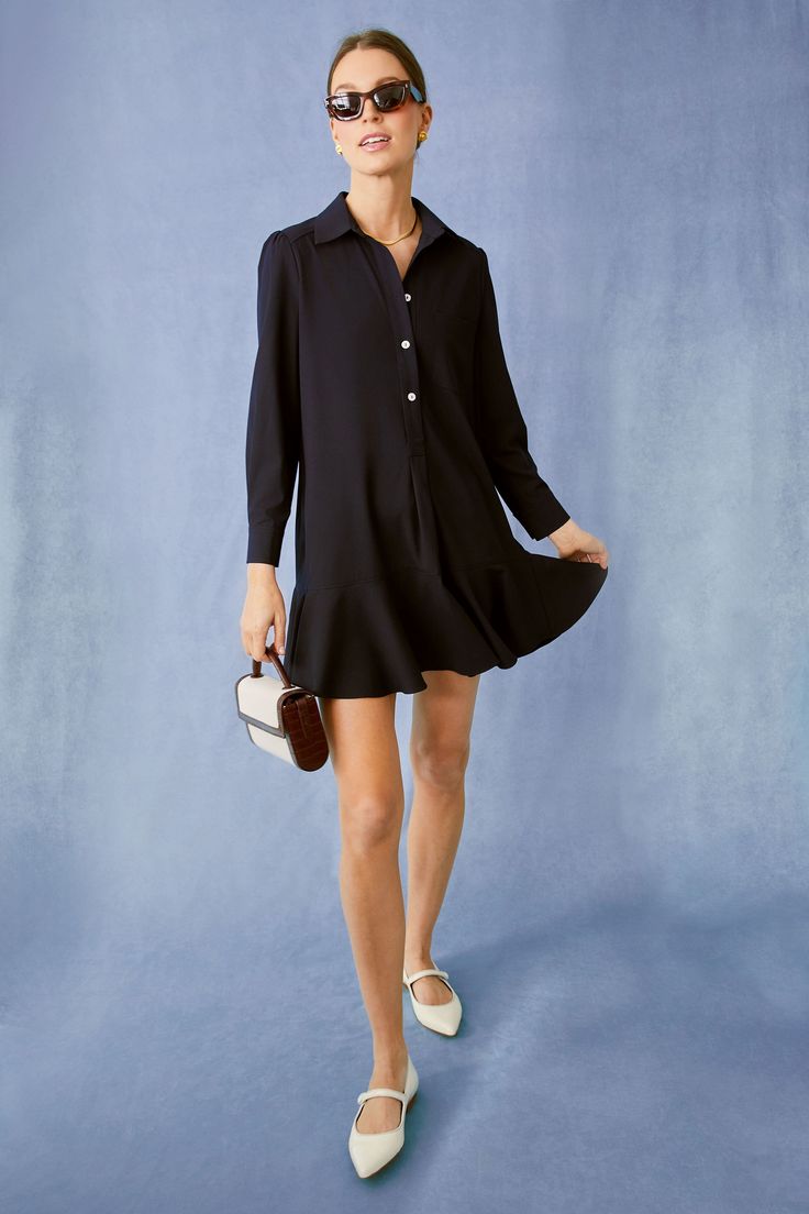 A sophisticated update to the closet staple shirt dress we love, the Navy Crepe Callahan perfectly merges classic and trendy. This mini seamlessly combines functional details like invisible side pockets and a button front half placket with a flirty flutter hemline to create a style that encapsulates unfussy femininity. We are pairing this tailored piece with flats or sneakers for a casual look and switching to heels when the occasion calls for it. Classic collar Long sleeves with button cuffs Pa Classic Semi-formal Summer Mini Dress, Classic Semi-formal Mini Dress For Summer, Classic Mini Dress For Summer Semi-formal, Casual Dress With Button Cuffs And Spread Collar, Elegant Long Sleeve Mini Dress With Hidden Buttons, Chic Mini Dress With Pleated Hem For Daywear, Chic Spring Mini Dress With Pleated Hem, Chic Formal Mini Dress With Pleated Hem, Elegant Collared Shirt Dress For Fall