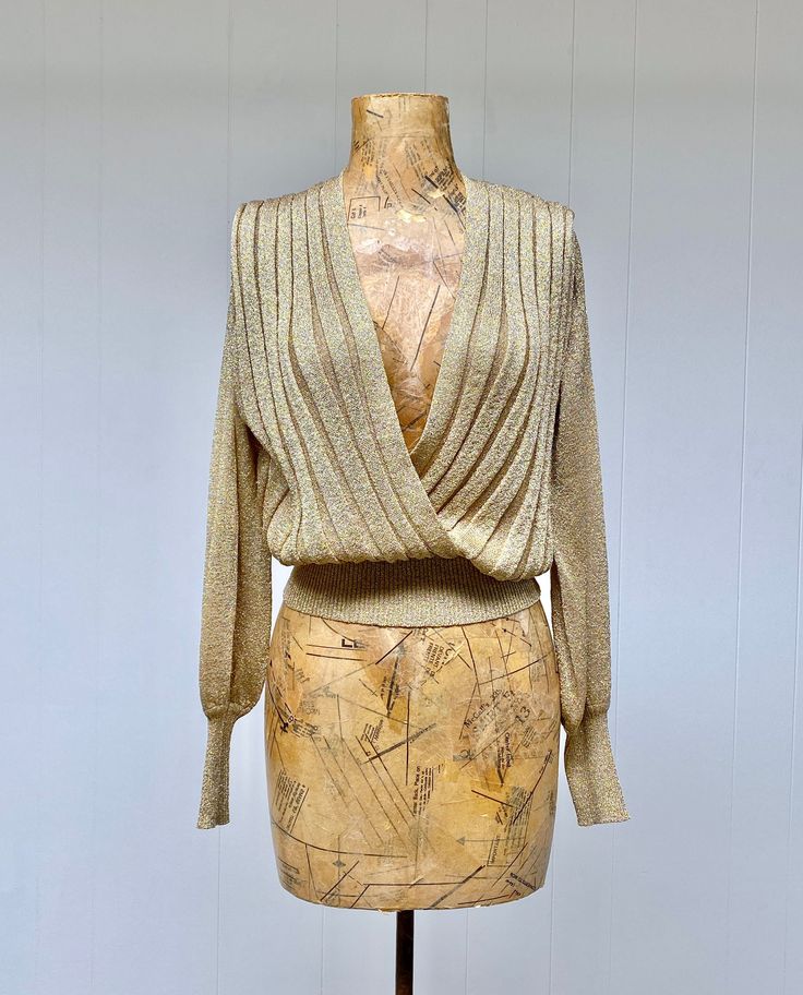 Vintage 1970s Gold Lurex Knit, 70s Rock Star's Girlfriend Sweater, Sexy Ribbed Plunging V Neck Top, Long Sleeve Metallic Pullover, Large 70's Hairstyles, Lurex Knit, Patron Vintage, Gold Sweater, Metallic Sweater, V Neck Top, Dec 7, Pullover Sweater Women, Wrap Sweater